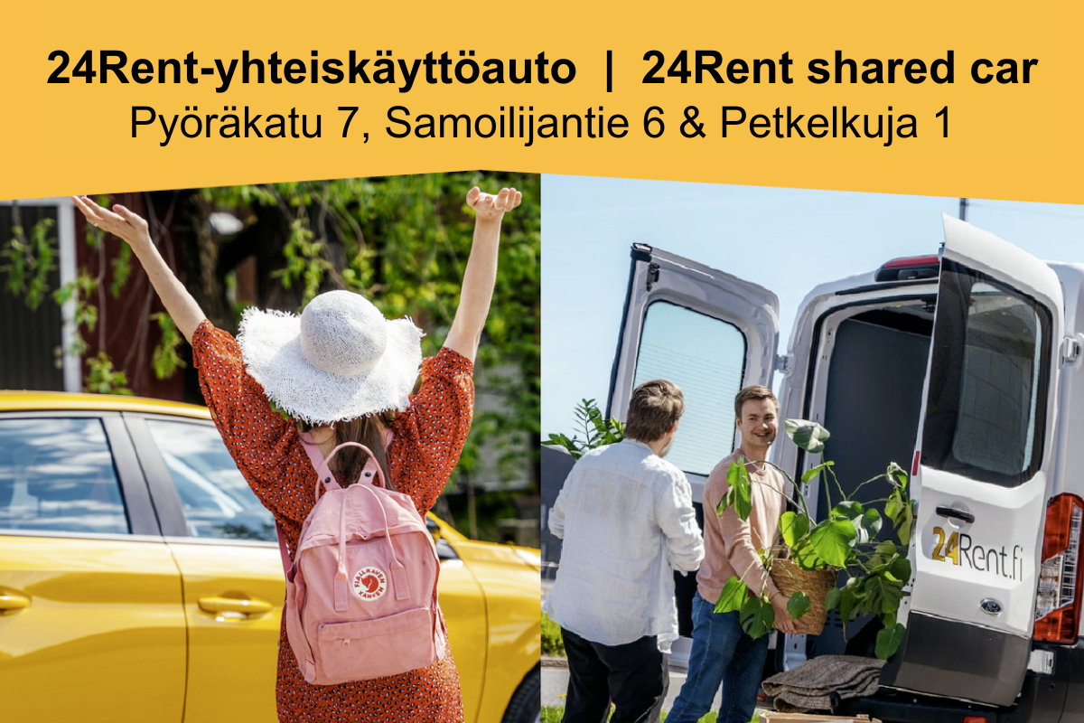 24Rent-yhteiskäyttöauto 24Rent shared car Pyöräkatu 7, Samoilijantie 6 & Petkelkuja 1. Vasemmalla henkilö iloitsee autolla ajamista. Hän on nostanut kädet ilmaan. Oikeassa kuvassa kaksi henkilöä ovat pakkaamassa muuttolaatikoita valkoisen pakettiauton kyytiin. On the left, a person walks excitedly to the car. On the right, two people are packing moving boxes into a white van.