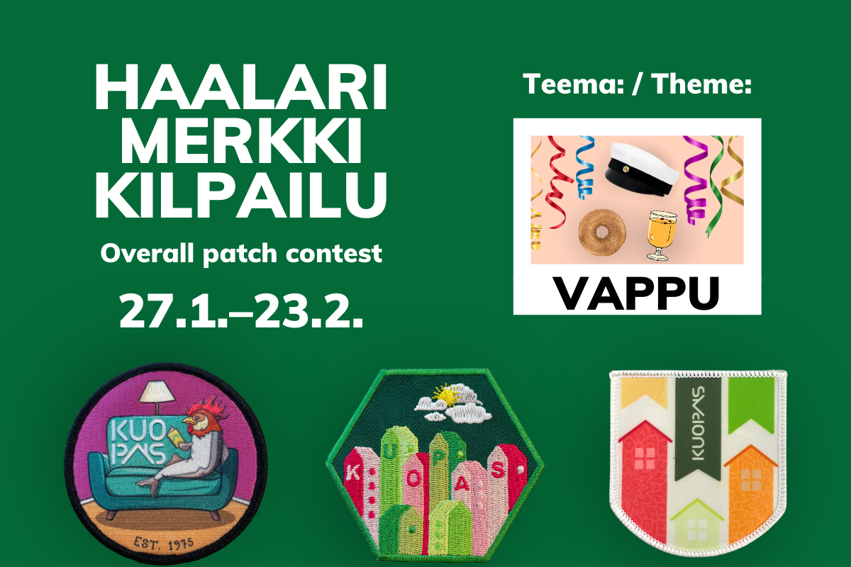 Kuopas haalarimerkkikilpailu 27.1.-23.2. Teemana vappu. Kuopas overall patch contest 27th January - 23rd February. Theme is vappu.