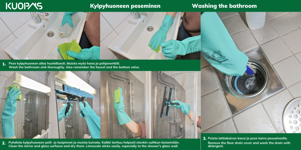 Kuopas Kylpyhuoneen peseminen / Washing the bathroom 1. Pese kylpyhuoneen allas huolellisesti. Muista myös hana ja pohjaventtiili. Wash the bathroom sink thoroughly. Also remember the faucet and the bottom valve. 2. Puhdista kylpyhuoneen peili- ja lasipinnat ja muista kuivata. Kalkki tarttuu helposti etenkin suihkun lasiseinään. Clean the mirror and glass surfaces and dry them. Limescale sticks easily, especially to the shower's glass wall. 3. Poista lattiakaivon kansi ja pese kaivo pesuaineella. Remove the floor drain cover and wash the drain with detergent.