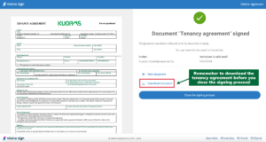 A picture of Visma Sign portal where it says: Document 'Tenancy agreement' signed. Download document - Remember to download the tenancy agreement before you close the signing process.